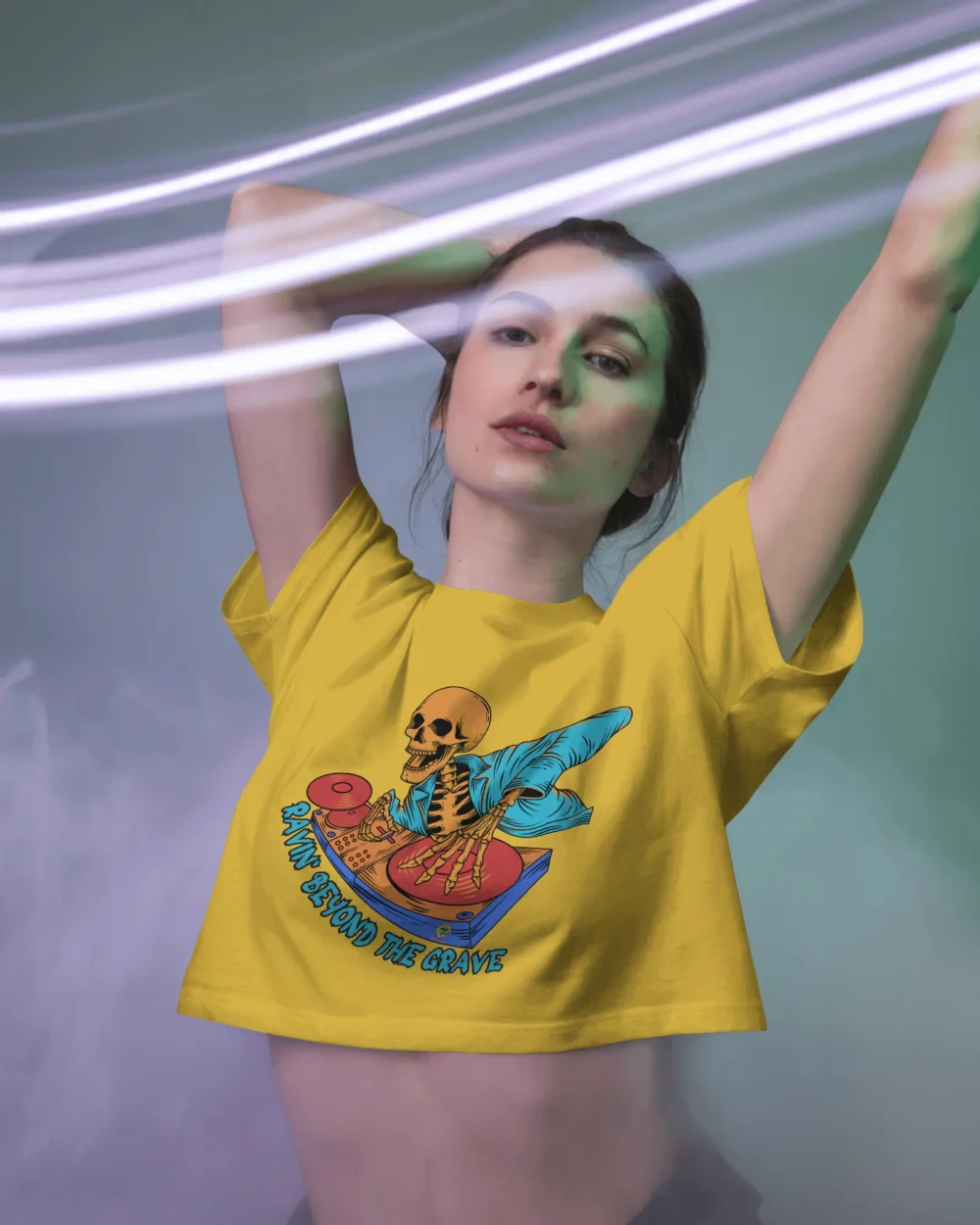 Ravin’ Beyond the Grave Skeleton DJ | Women’s 180 GSM Cotton Crop Top - Image 6