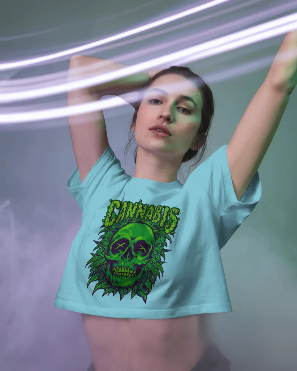 Cannabis Skull Women’s Crop Top | 180 GSM 100% Cotton Trippy Green Skull Weed Graphic Crop – TripTribe® - Image 9