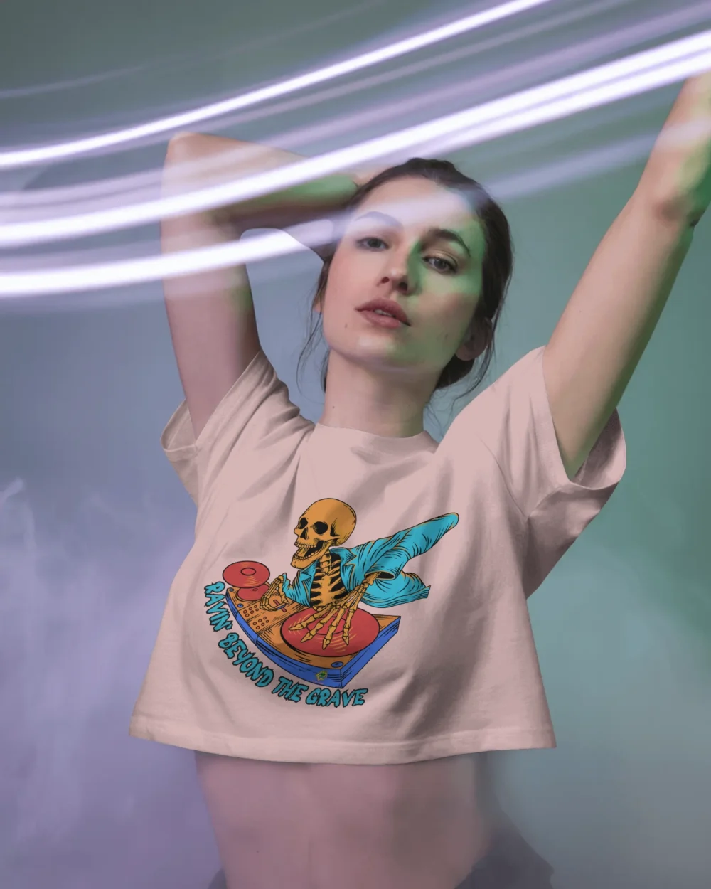 Ravin’ Beyond the Grave Skeleton DJ | Women’s 180 GSM Cotton Crop Top - Image 10