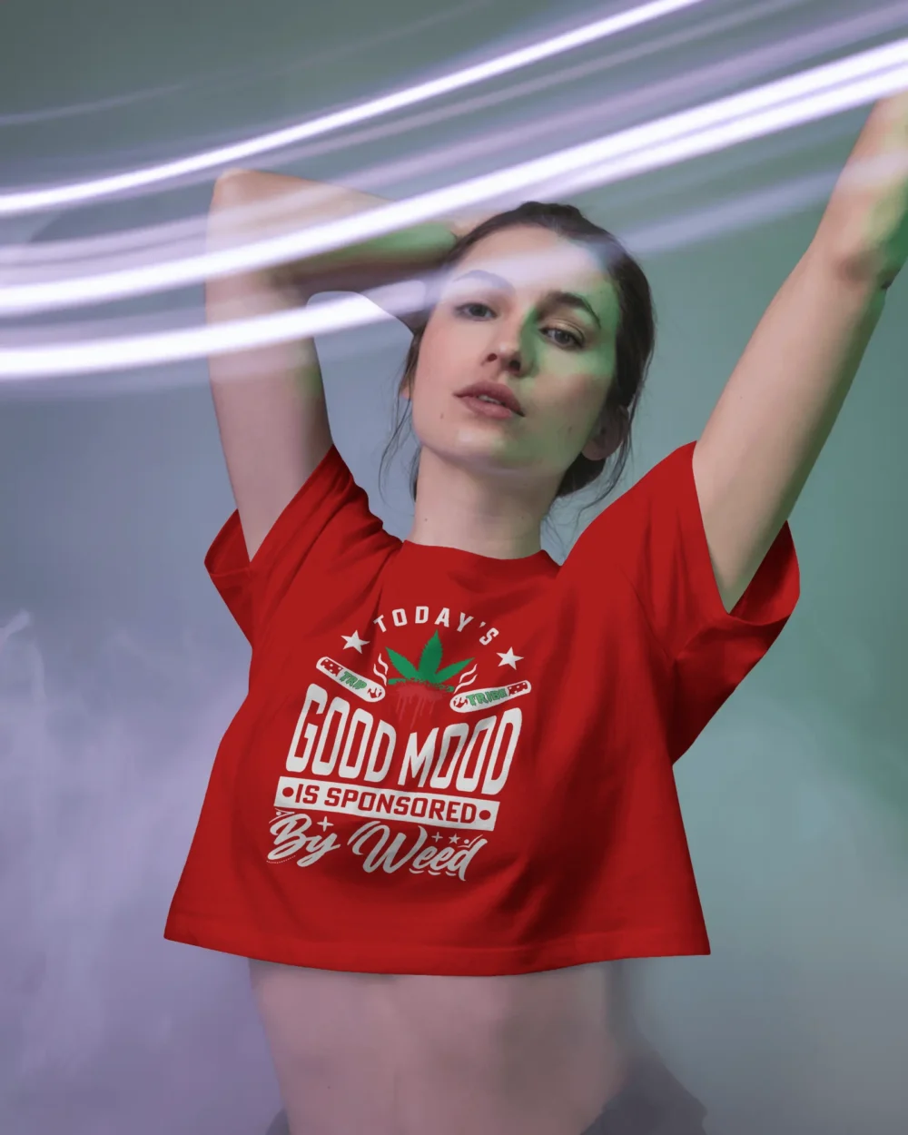 Good Mood Sponsored by Weed Crop Top | 100% Cotton | High-Vibe Weed Print – TripTribe® - Image 6