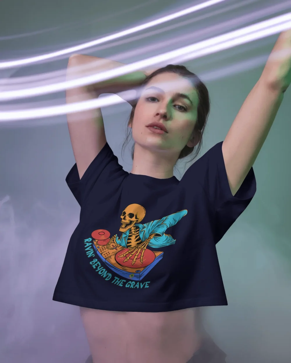 Ravin’ Beyond the Grave Skeleton DJ | Women’s 180 GSM Cotton Crop Top - Image 4