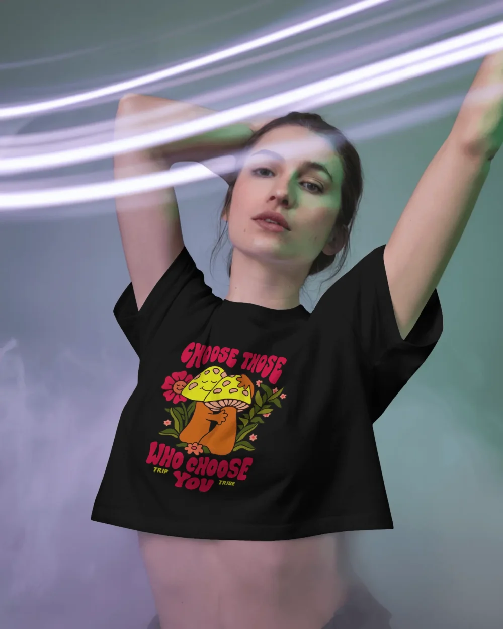 Choose Those Who Choose You Women’s Crop Top | 100% Cotton | Vibrant Trippy Mushroom Graphic – TripTribe® - Image 5