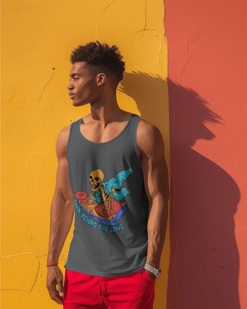 Ravin’ Beyond the Grave Skeleton DJ | Unisex 100% Cotton 180 GSM Sleeveless Tee - Image 7