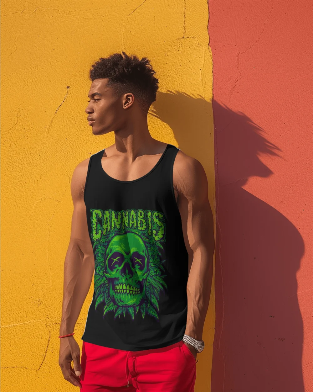 Cannabis Skull Sleeveless T-Shirt | 180 GSM 100% Cotton Trippy Green Skull Weed Vest – TripTribe® - Image 5