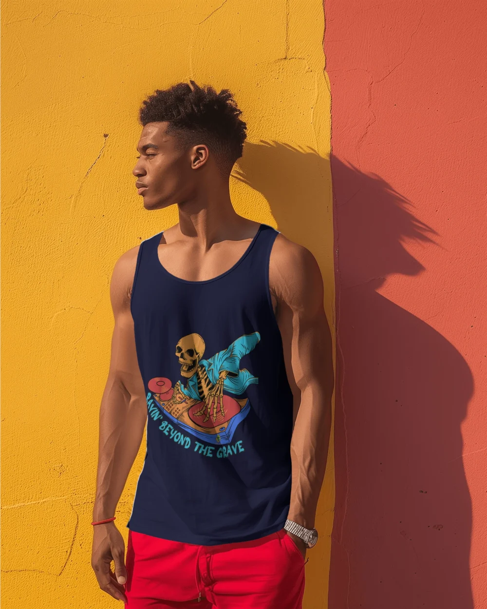 Ravin’ Beyond the Grave Skeleton DJ | Unisex 100% Cotton 180 GSM Sleeveless Tee - Image 6