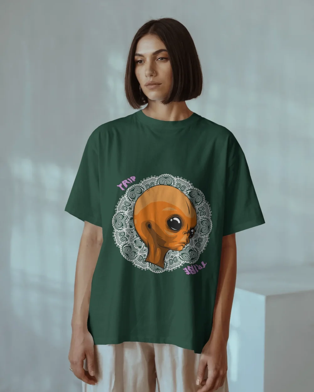 Mandala Alien Unisex Oversized T-Shirt – Trippy Orange Alien x Mandala Graphic | 240 GSM | TripTribe® - Image 11