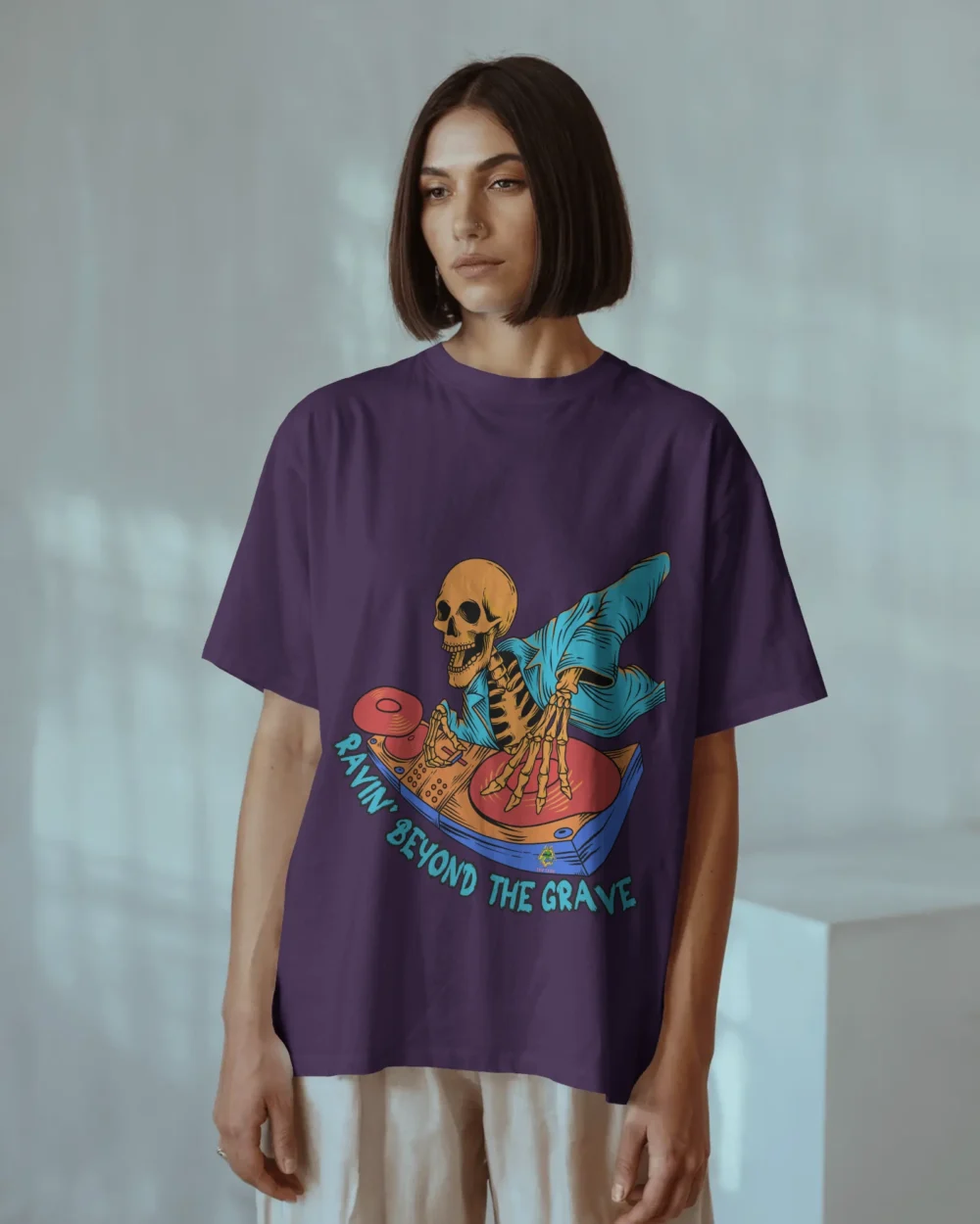Ravin’ Beyond the Grave Skeleton DJ | Unisex 240 GSM Heavyweight Oversized Tee - Image 10