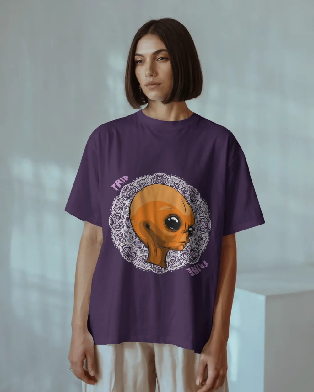Mandala Alien Unisex Oversized T-Shirt – Trippy Orange Alien x Mandala Graphic | 240 GSM | TripTribe® - Image 3