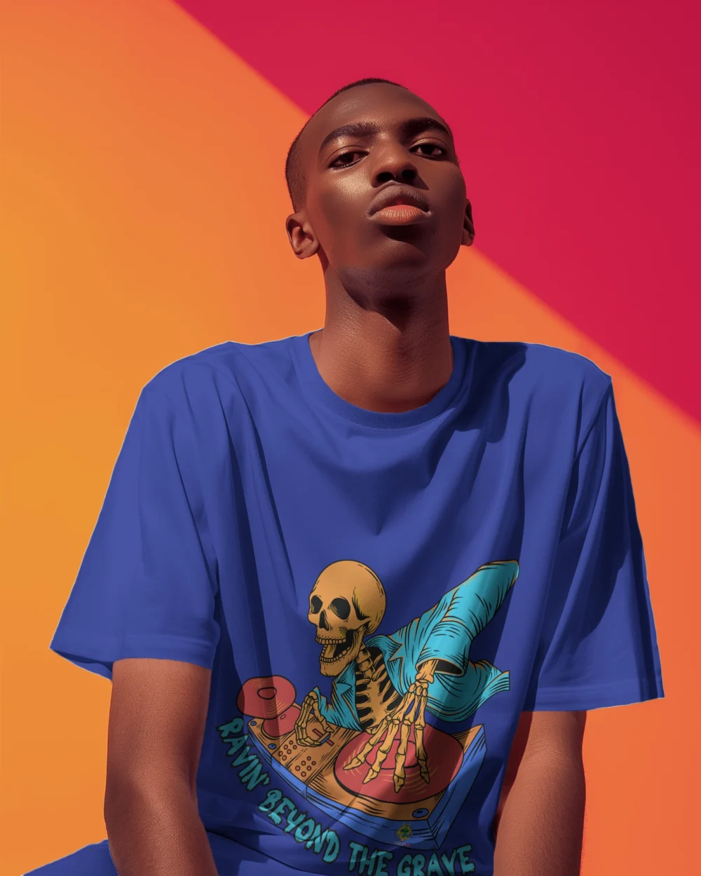 Ravin’ Beyond the Grave Skeleton DJ | Unisex 240 GSM Heavyweight Oversized Tee - Image 13