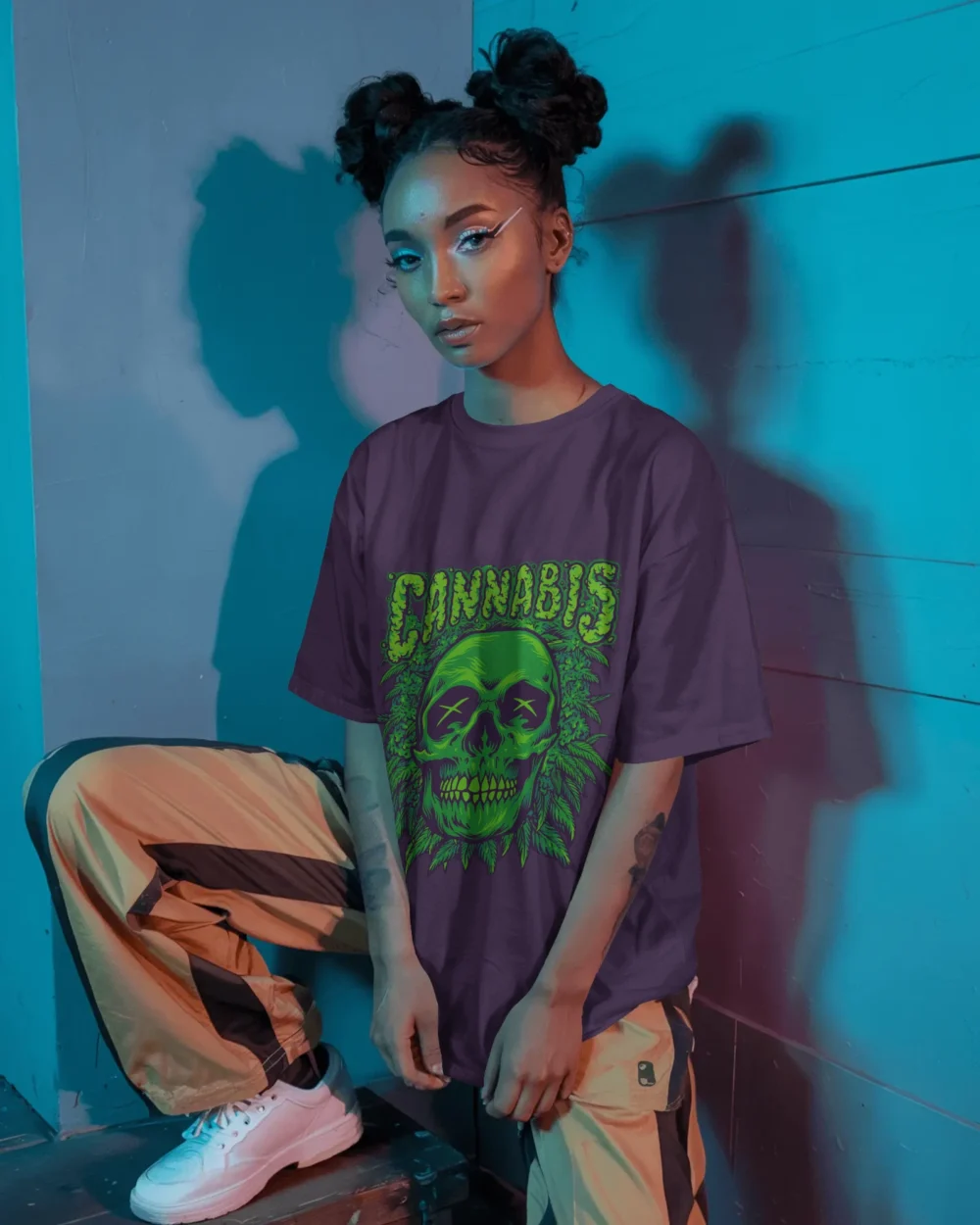 Cannabis Skull Oversized Unisex T-Shirt | 240 GSM Heavyweight 100% Cotton Trippy Green Skull Weed Tee – TripTribe® - Image 6