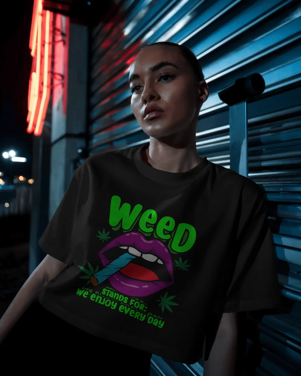 WEED Women’s Crop Top – We Enjoy Every Day | 180 GSM Cotton Neon Lips Stoner Graphic Tee – TripTribe® - Image 3