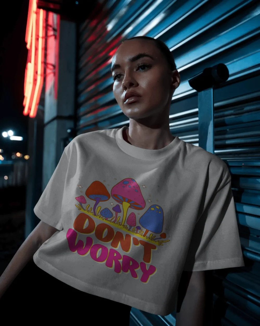 Don’t Worry Women’s Crop Top | 180 GSM 100% Cotton Psychedelic Mushroom Graphic Tee – TripTribe® - Image 5