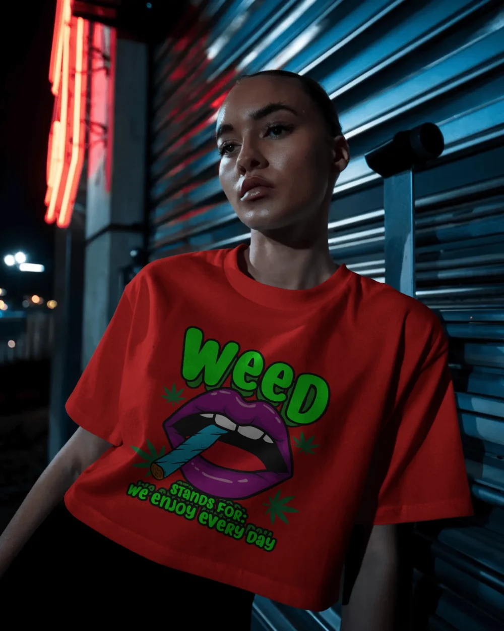 WEED Women’s Crop Top – We Enjoy Every Day | 180 GSM Cotton Neon Lips Stoner Graphic Tee – TripTribe® - Image 10
