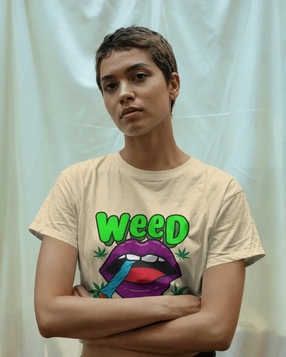 WEED Women’s Crop Top – We Enjoy Every Day | 180 GSM Cotton Neon Lips Stoner Graphic Tee – TripTribe® - Image 4