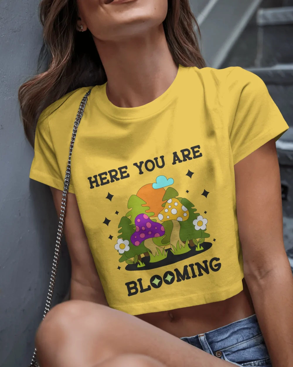 Here You Are Blooming Crop Top | 180 GSM 100% Cotton Trippy Mushroom Graphic Tee – TripTribe® - Image 10