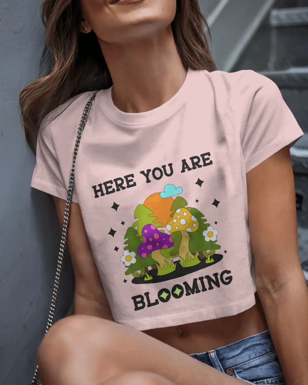 Here You Are Blooming Crop Top | 180 GSM 100% Cotton Trippy Mushroom Graphic Tee – TripTribe® - Image 11
