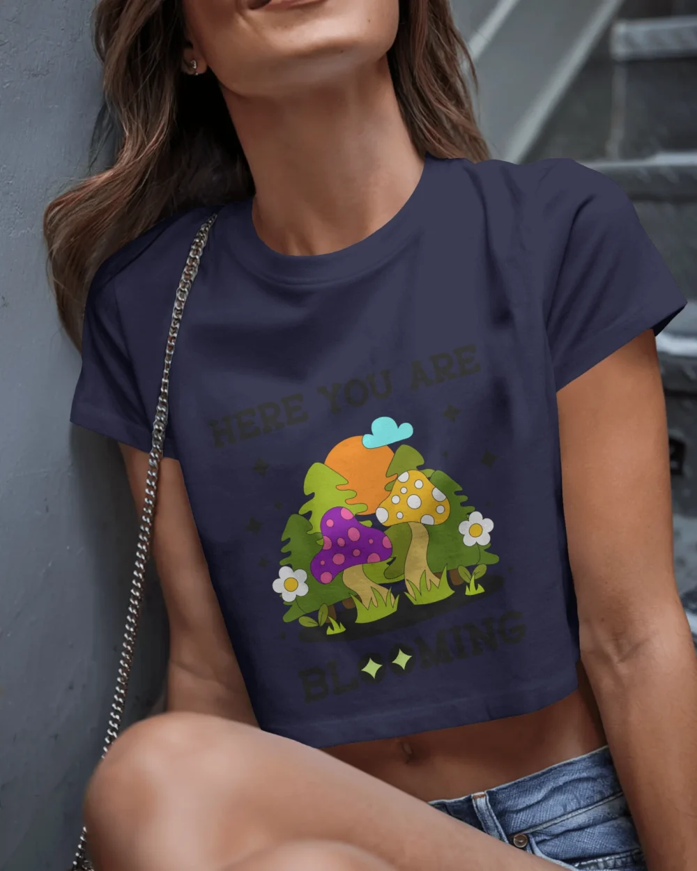 Here You Are Blooming Crop Top | 180 GSM 100% Cotton Trippy Mushroom Graphic Tee – TripTribe® - Image 7