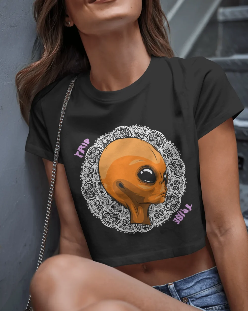 Mandala Alien Crop Top – Trippy Orange Alien Graphic | 100% Cotton 180 GSM | Trip Tribe - Image 5