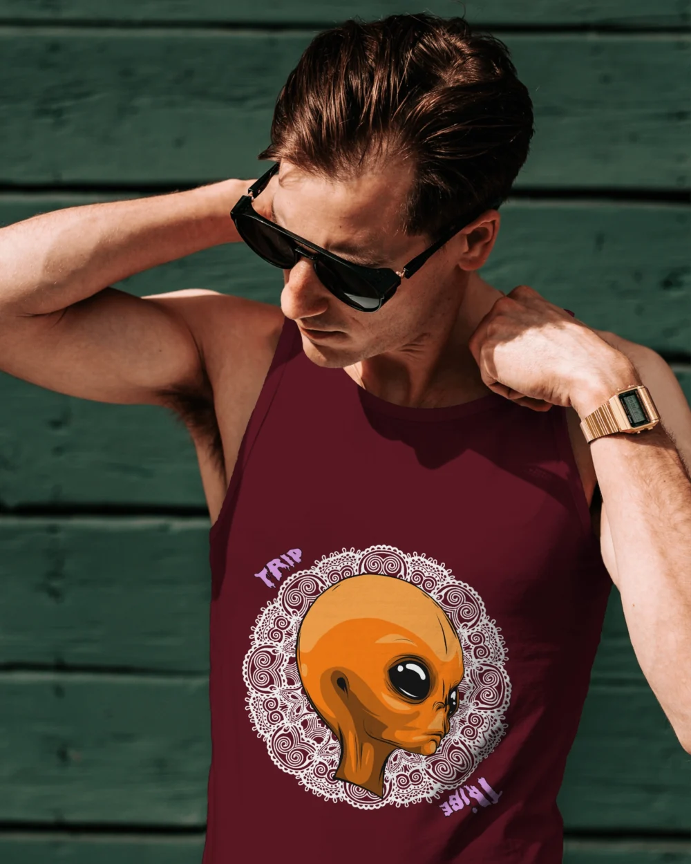 Mandala Alien Sleeveless Vest – Trippy Orange Alien x Mandala | 100% Cotton 180 GSM | TripTribe® - Image 3