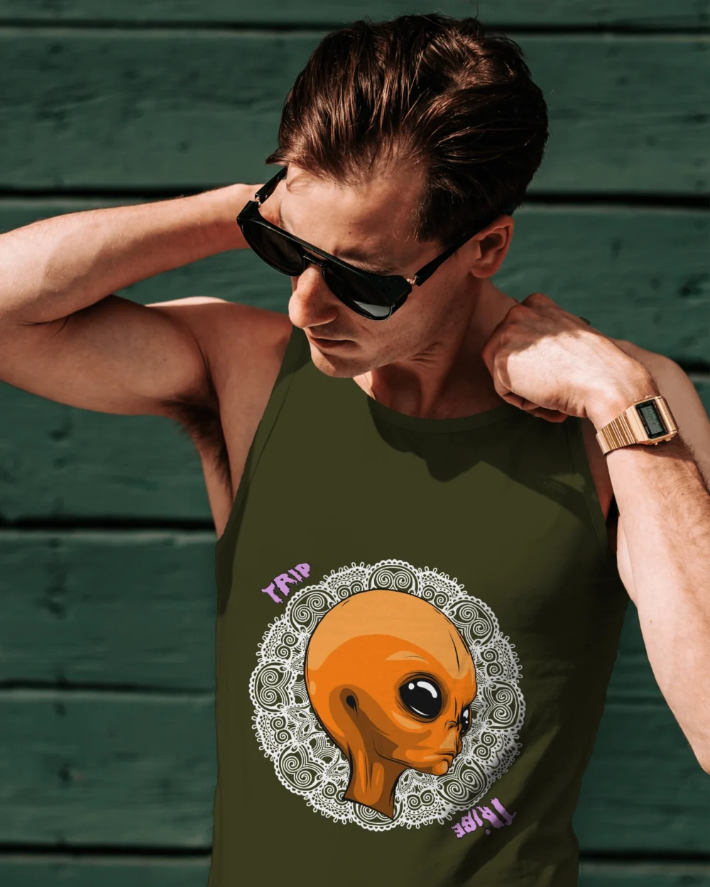 Mandala Alien Sleeveless Vest – Trippy Orange Alien x Mandala | 100% Cotton 180 GSM | TripTribe® - Image 4