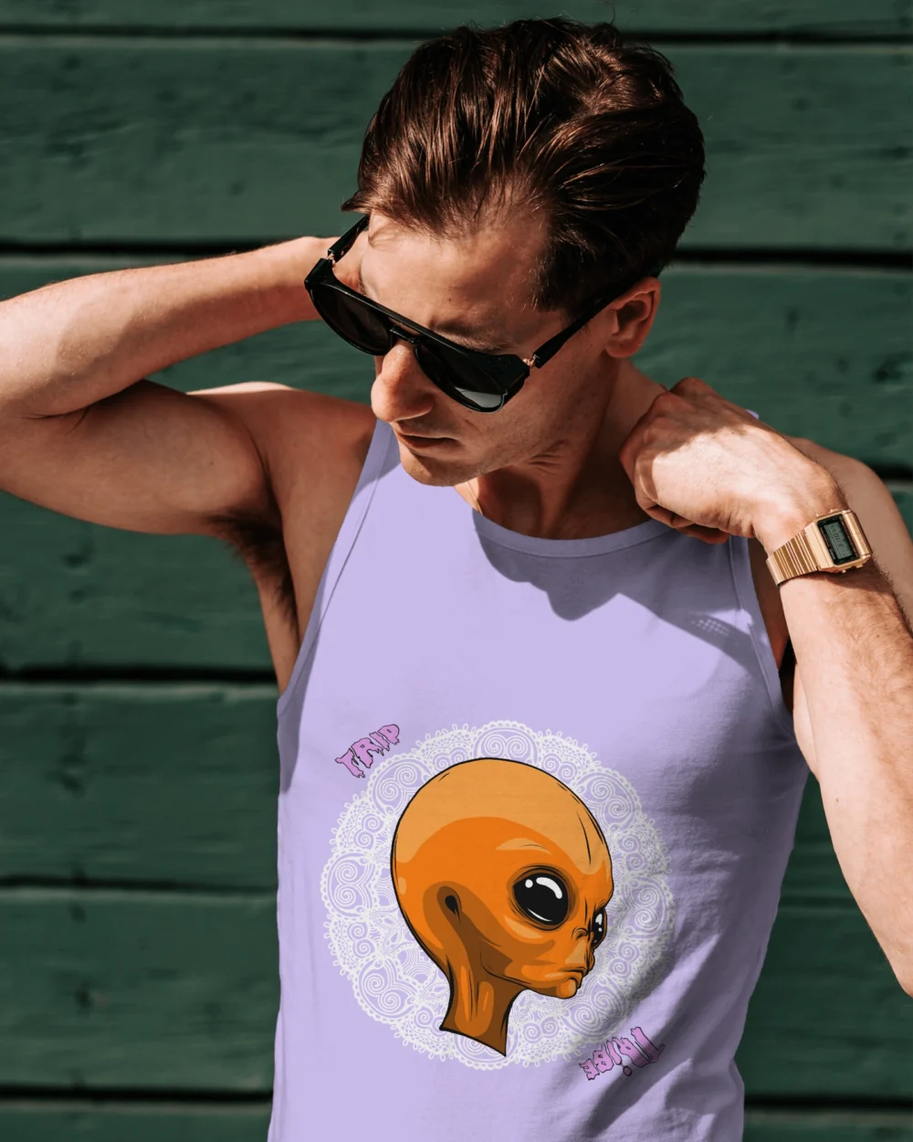 Mandala Alien Sleeveless Vest – Trippy Orange Alien x Mandala | 100% Cotton 180 GSM | TripTribe® - Image 5
