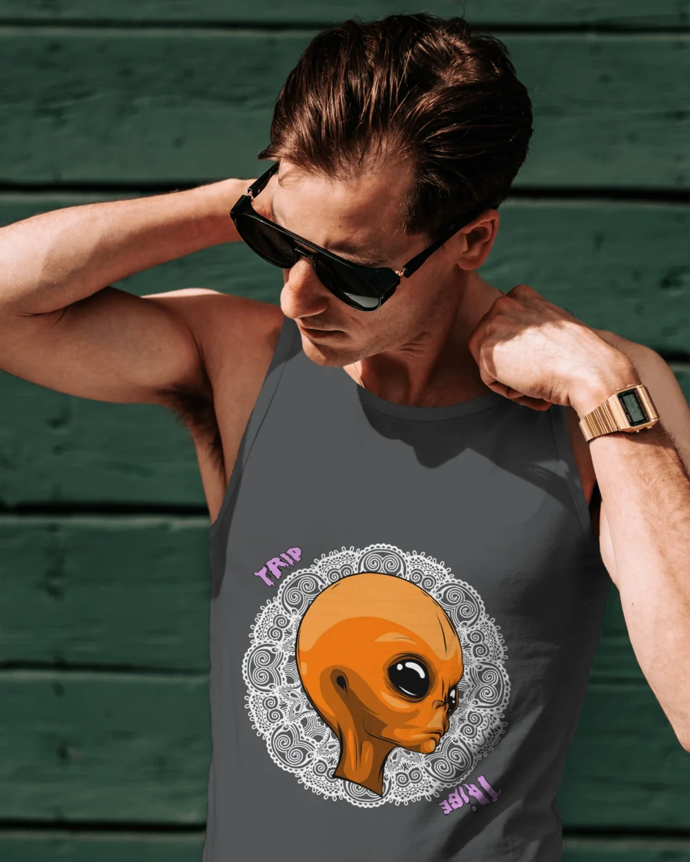 Mandala Alien Sleeveless Vest – Trippy Orange Alien x Mandala | 100% Cotton 180 GSM | TripTribe® - Image 6