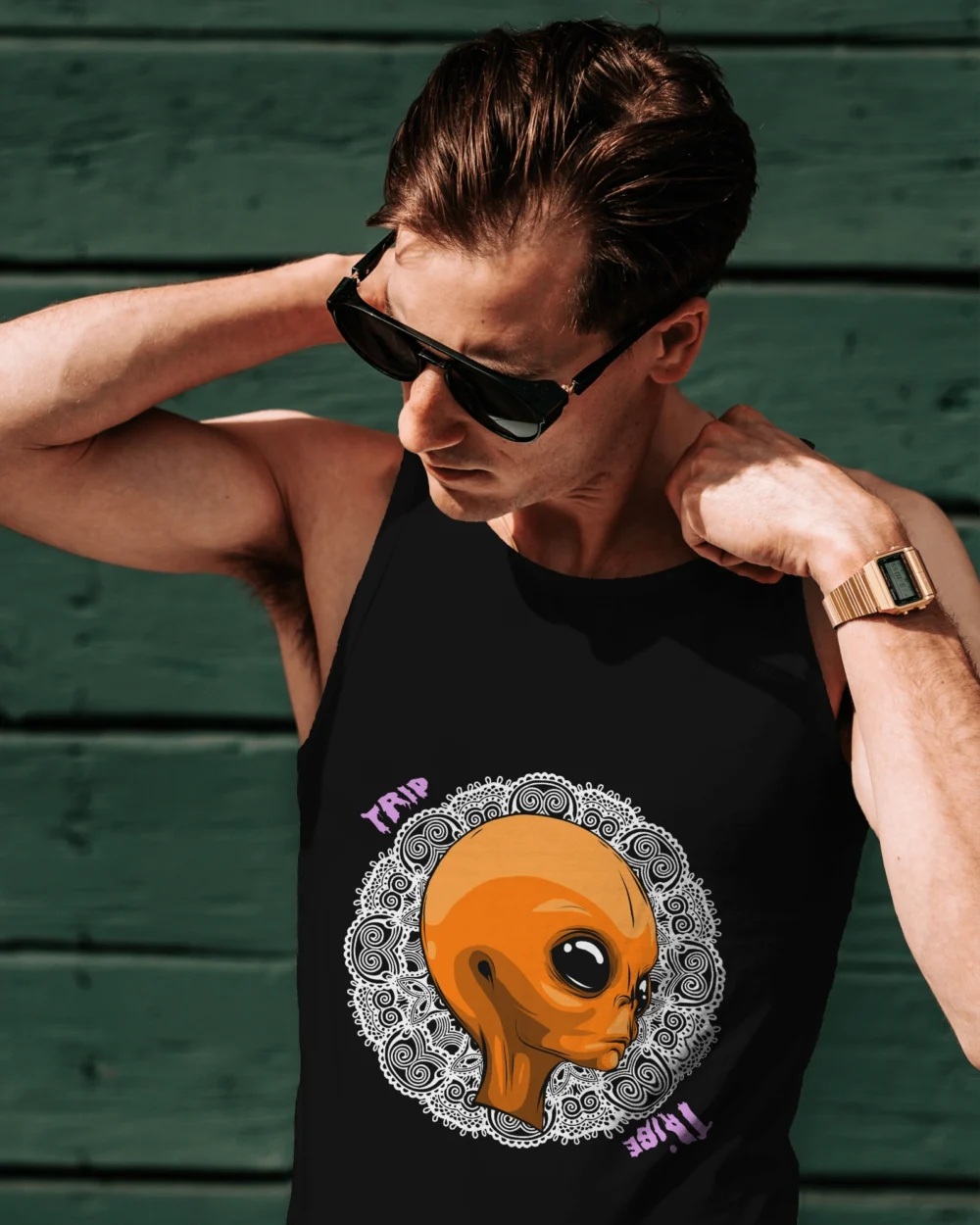 Mandala Alien Sleeveless Vest – Trippy Orange Alien x Mandala | 100% Cotton 180 GSM | TripTribe® - Image 7