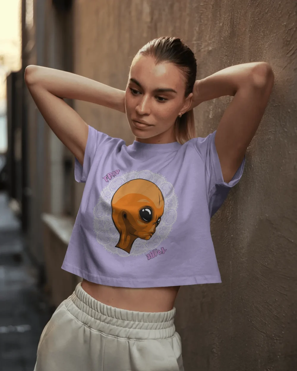 Mandala Alien Crop Top – Trippy Orange Alien Graphic | 100% Cotton 180 GSM | Trip Tribe - Image 6