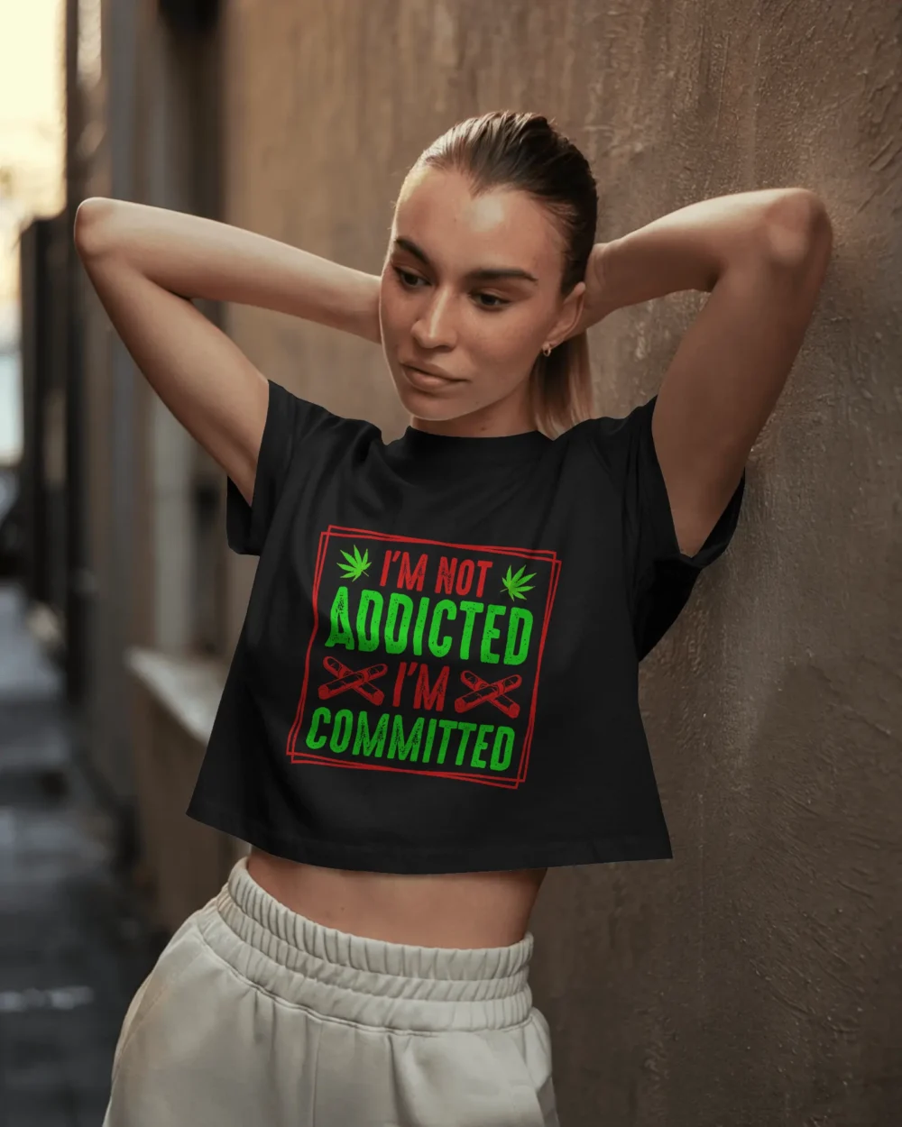 I’m Not Addicted I’m Committed Women’s Crop Top | 180 GSM 100% Cotton Neon Stoner Graphic Tee – TripTribe® - Image 3