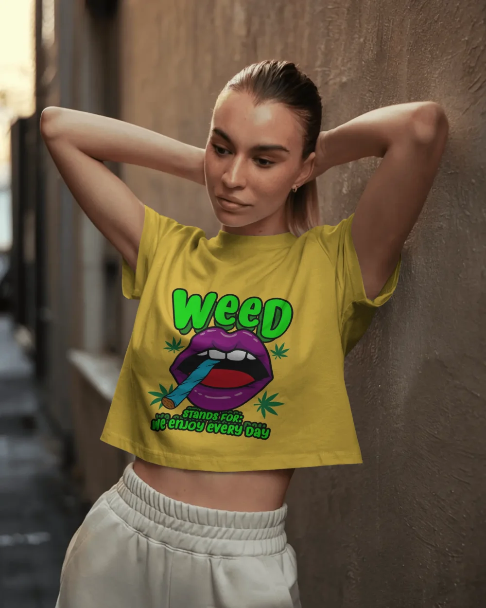 WEED Women’s Crop Top – We Enjoy Every Day | 180 GSM Cotton Neon Lips Stoner Graphic Tee – TripTribe® - Image 5