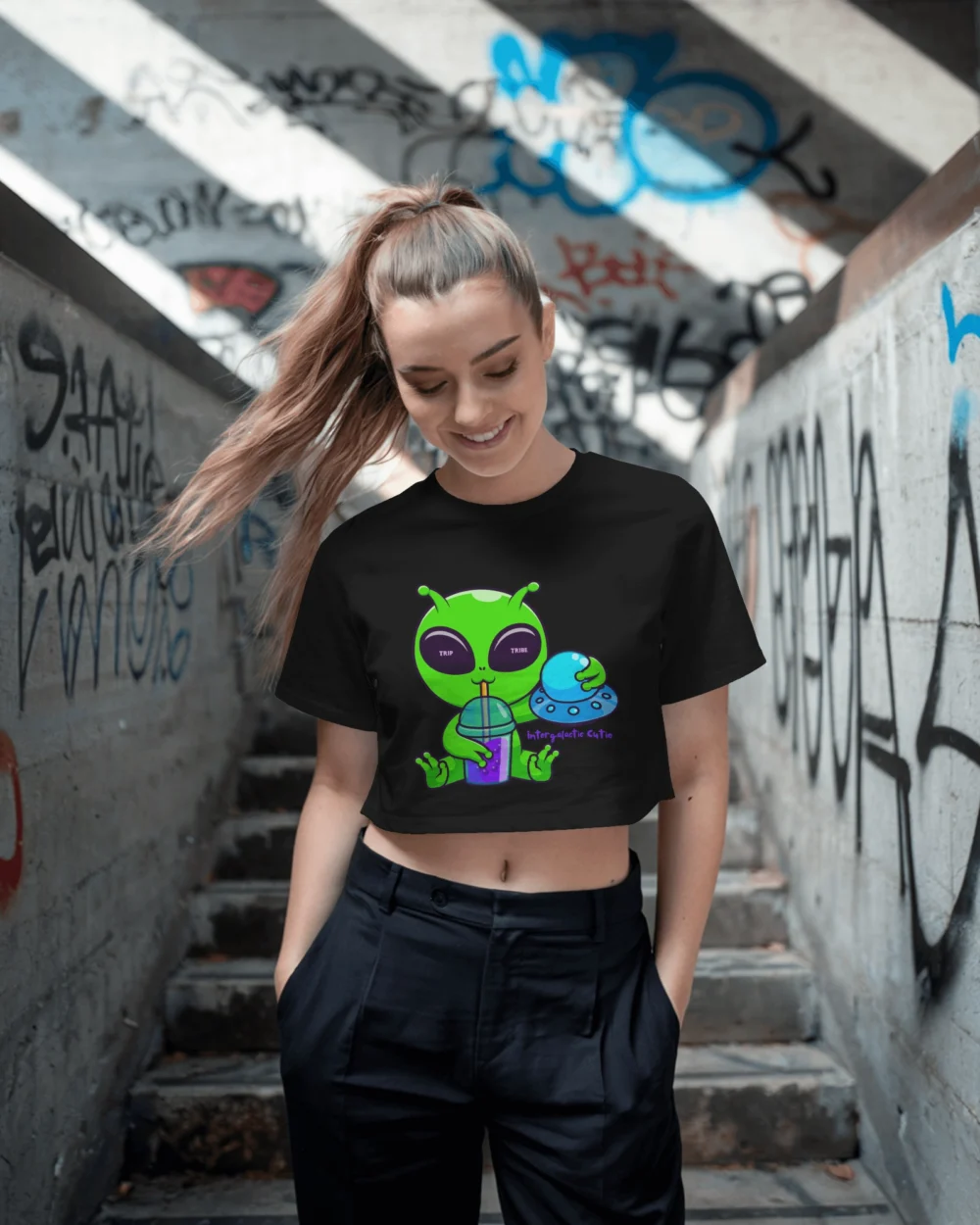 Cute Alien Crop Top Crop Top | 100% Cotton 180 GSM Bio-Washed Trippy Crop Top – TripTribe® - Image 5