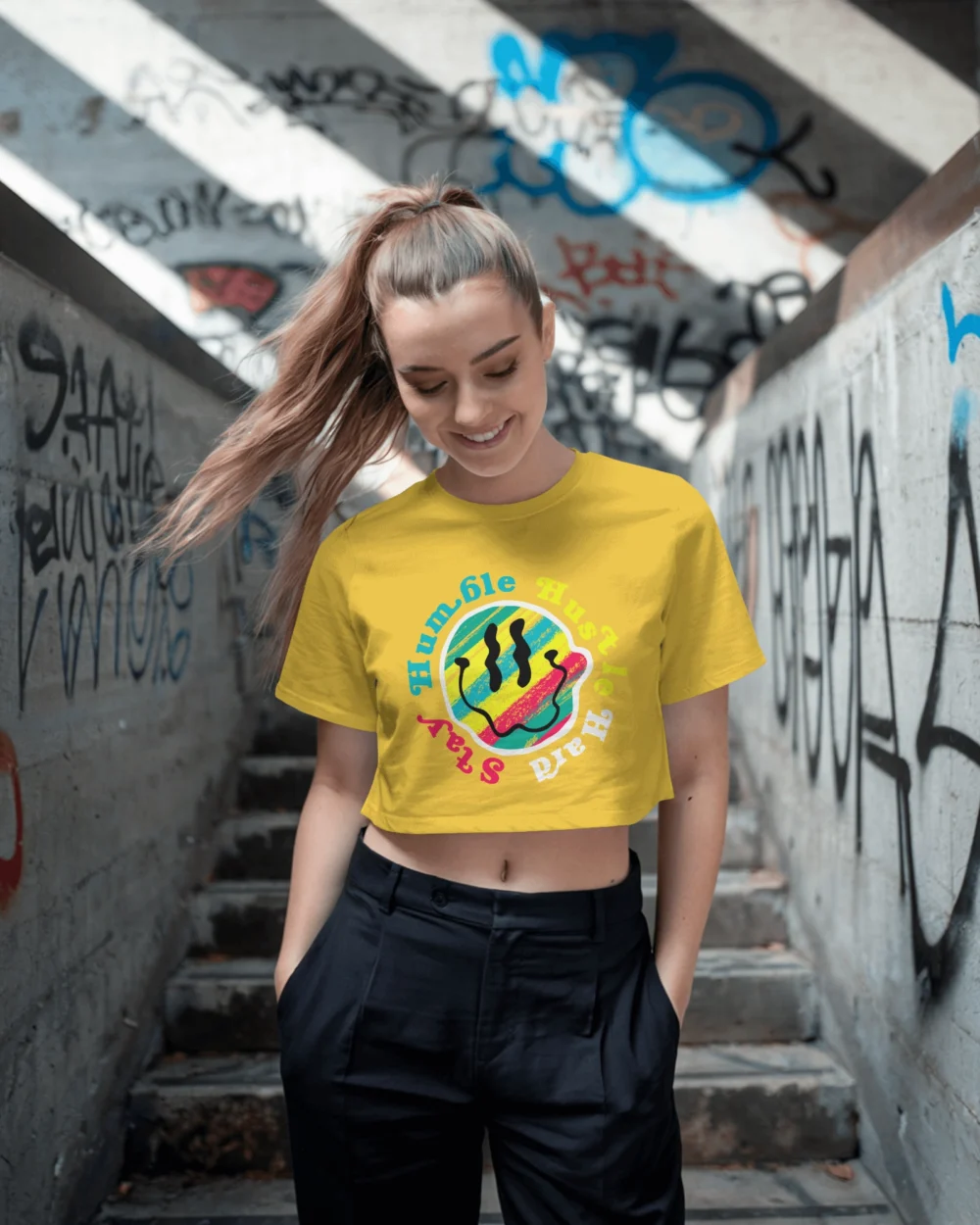 Stay Humble Hustle Hard Crop Top | 100% Cotton 180 GSM Bold Smiley Graphic Tee for Women – TripTribe® - Image 7