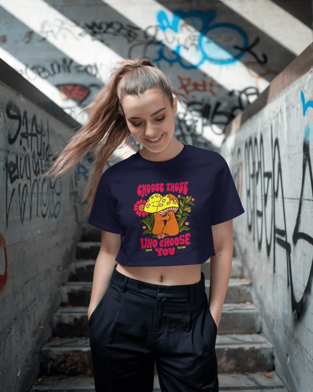 Choose Those Who Choose You Women’s Crop Top | 100% Cotton | Vibrant Trippy Mushroom Graphic – TripTribe® - Image 6