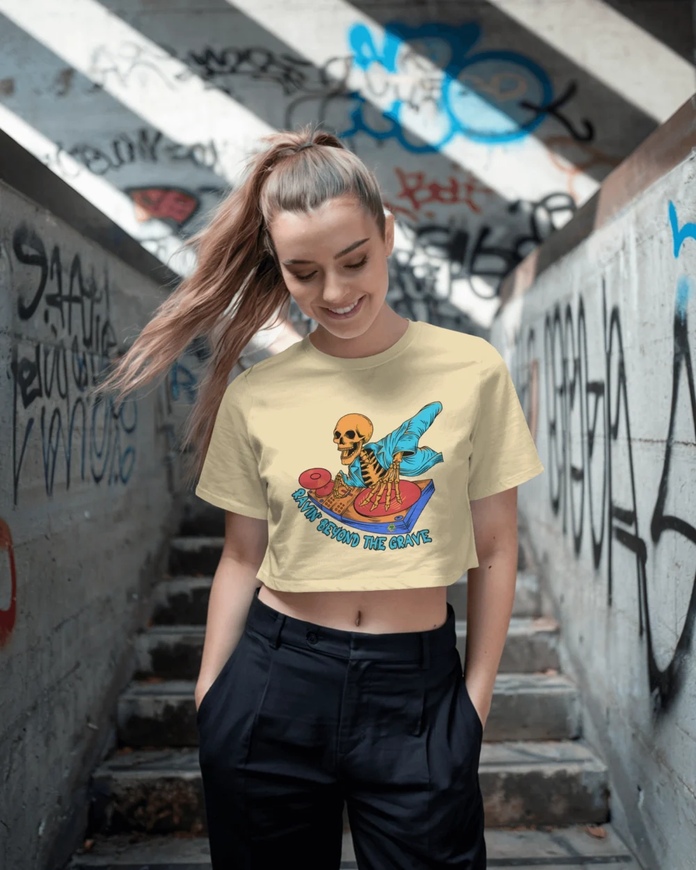 Ravin’ Beyond the Grave Skeleton DJ | Women’s 180 GSM Cotton Crop Top - Image 9