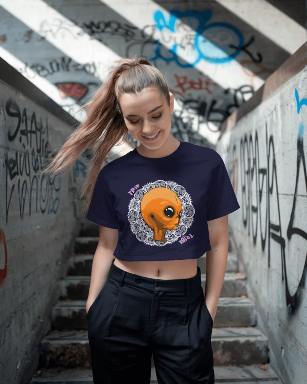 Mandala Alien Crop Top – Trippy Orange Alien Graphic | 100% Cotton 180 GSM | Trip Tribe - Image 8