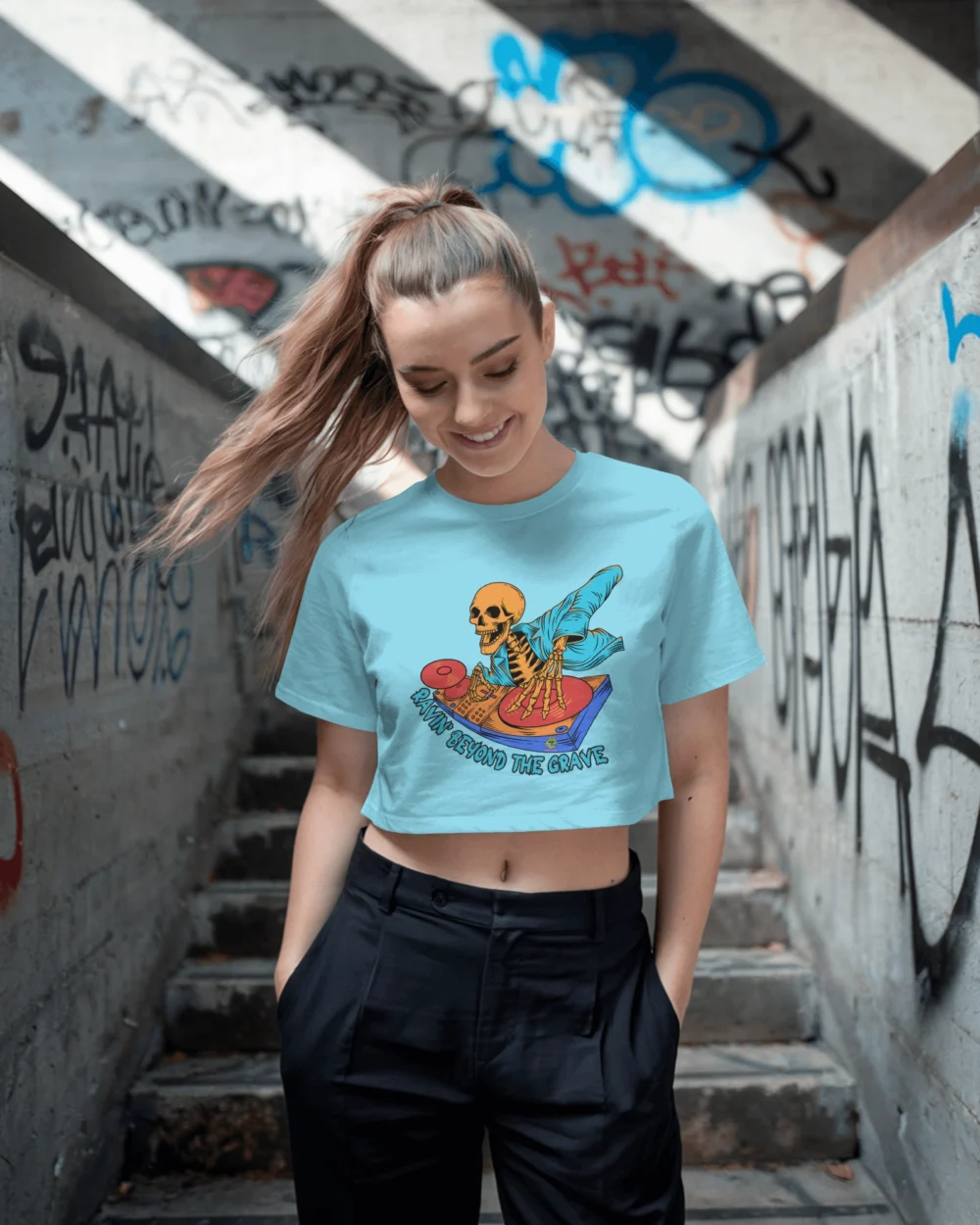 Ravin’ Beyond the Grave Skeleton DJ | Women’s 180 GSM Cotton Crop Top - Image 7