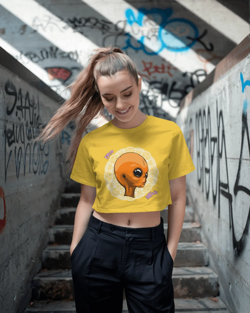 Mandala Alien Crop Top – Trippy Orange Alien Graphic | 100% Cotton 180 GSM | Trip Tribe - Image 7
