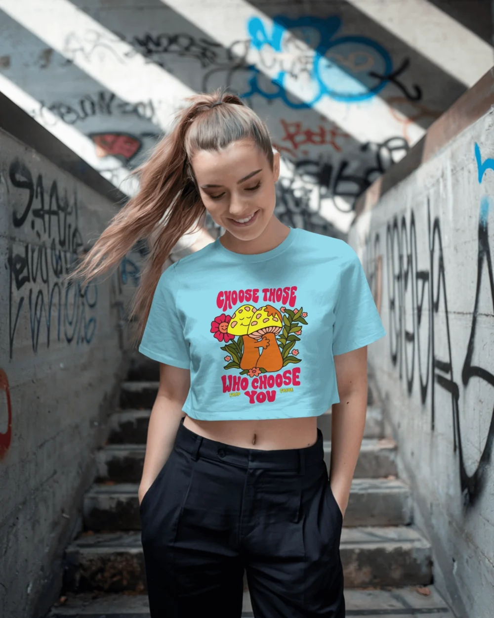 Choose Those Who Choose You Women’s Crop Top | 100% Cotton | Vibrant Trippy Mushroom Graphic – TripTribe® - Image 11