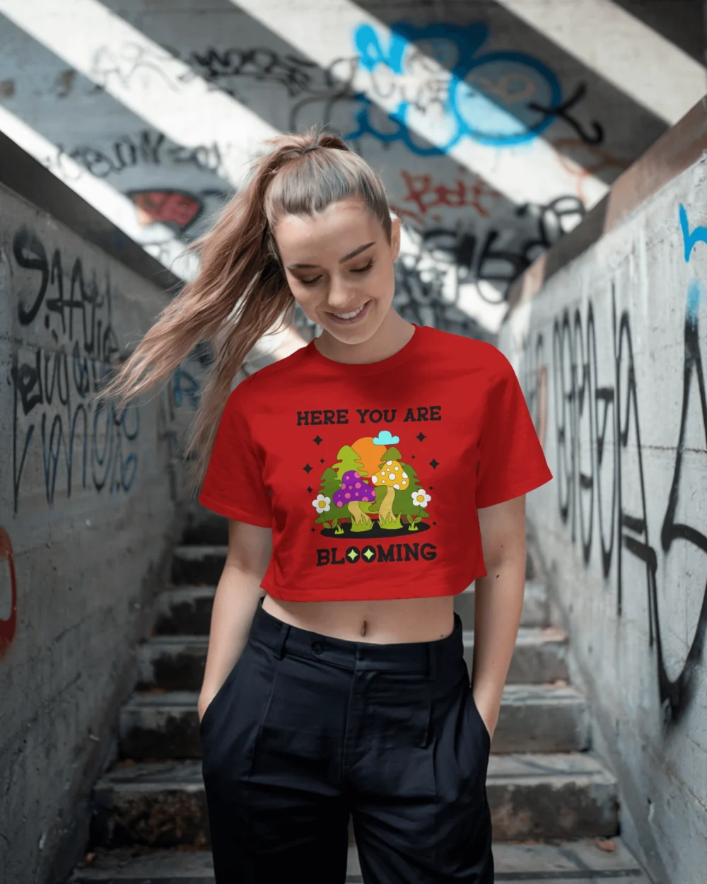 Here You Are Blooming Crop Top | 180 GSM 100% Cotton Trippy Mushroom Graphic Tee – TripTribe® - Image 6