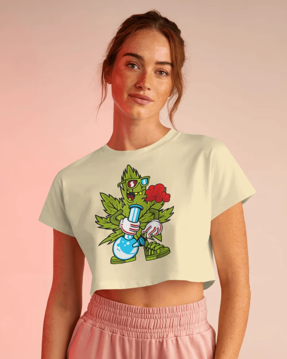 Leaf High Crop Top | Trippy Cartoon Bong Design | 180 GSM 100% Cotton Tee – TripTribe® - Image 5