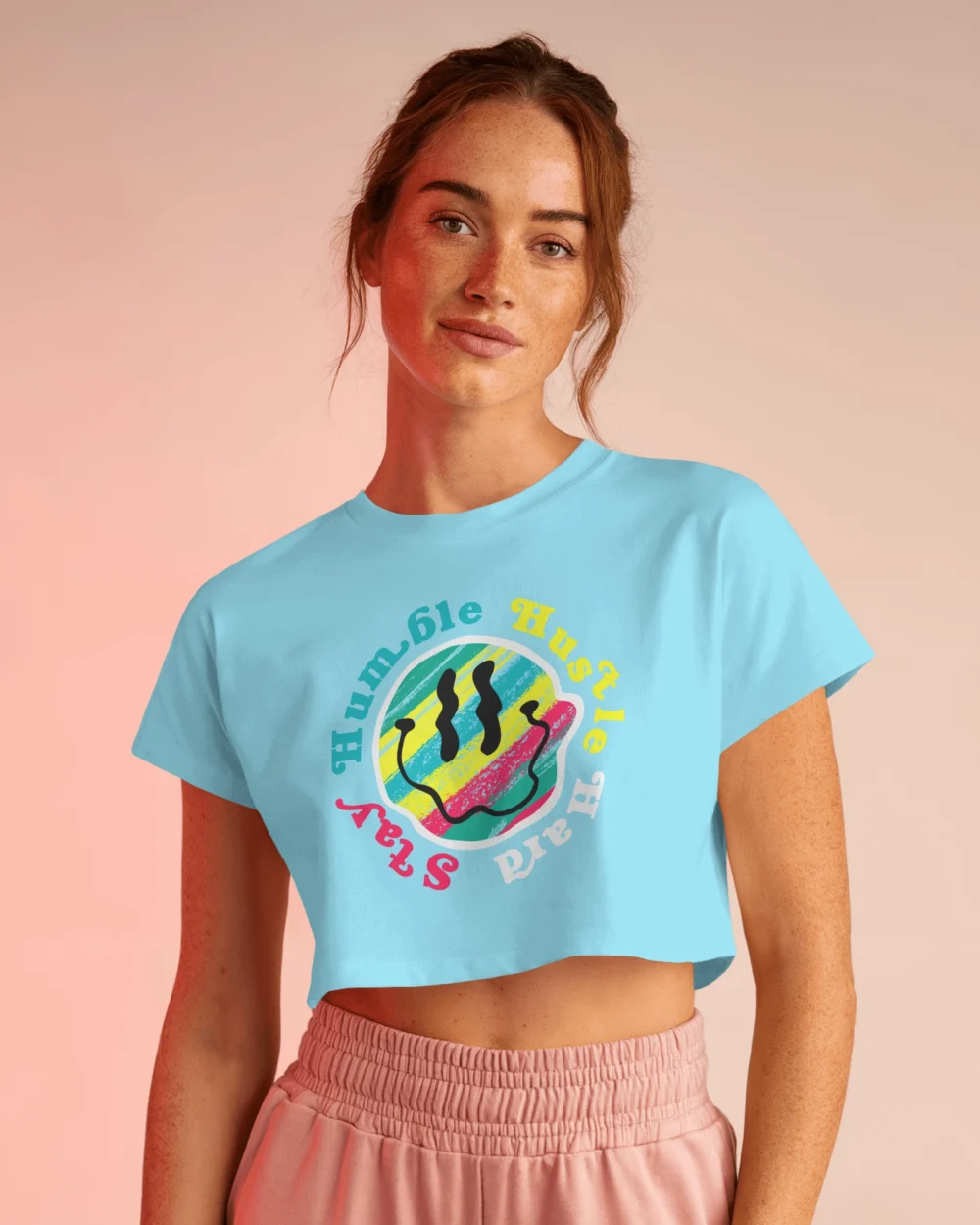 Stay Humble Hustle Hard Crop Top | 100% Cotton 180 GSM Bold Smiley Graphic Tee for Women – TripTribe® - Image 5