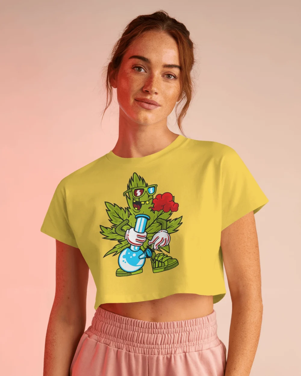 Leaf High Crop Top | Trippy Cartoon Bong Design | 180 GSM 100% Cotton Tee – TripTribe® - Image 12