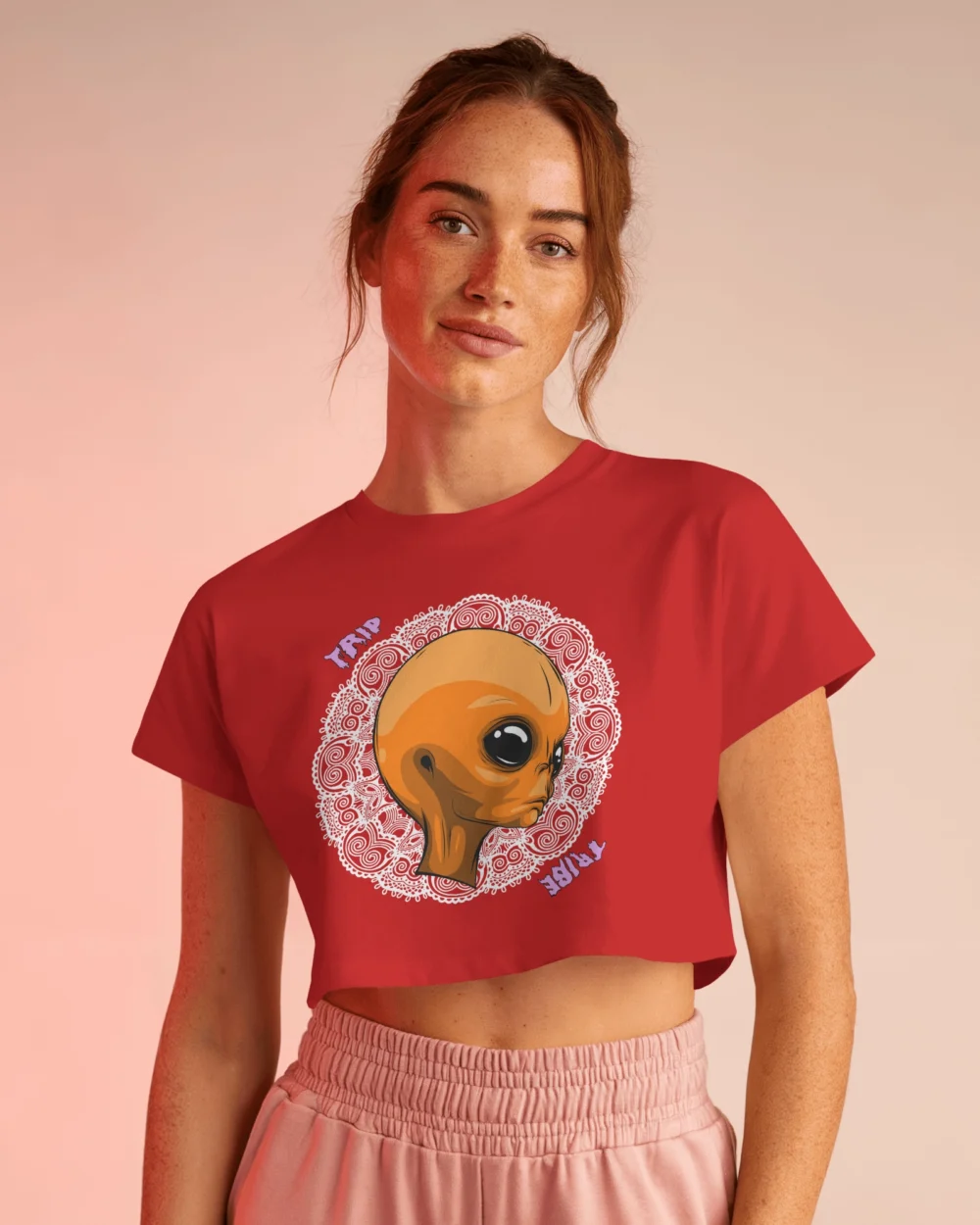 Mandala Alien Crop Top – Trippy Orange Alien Graphic | 100% Cotton 180 GSM | Trip Tribe - Image 11