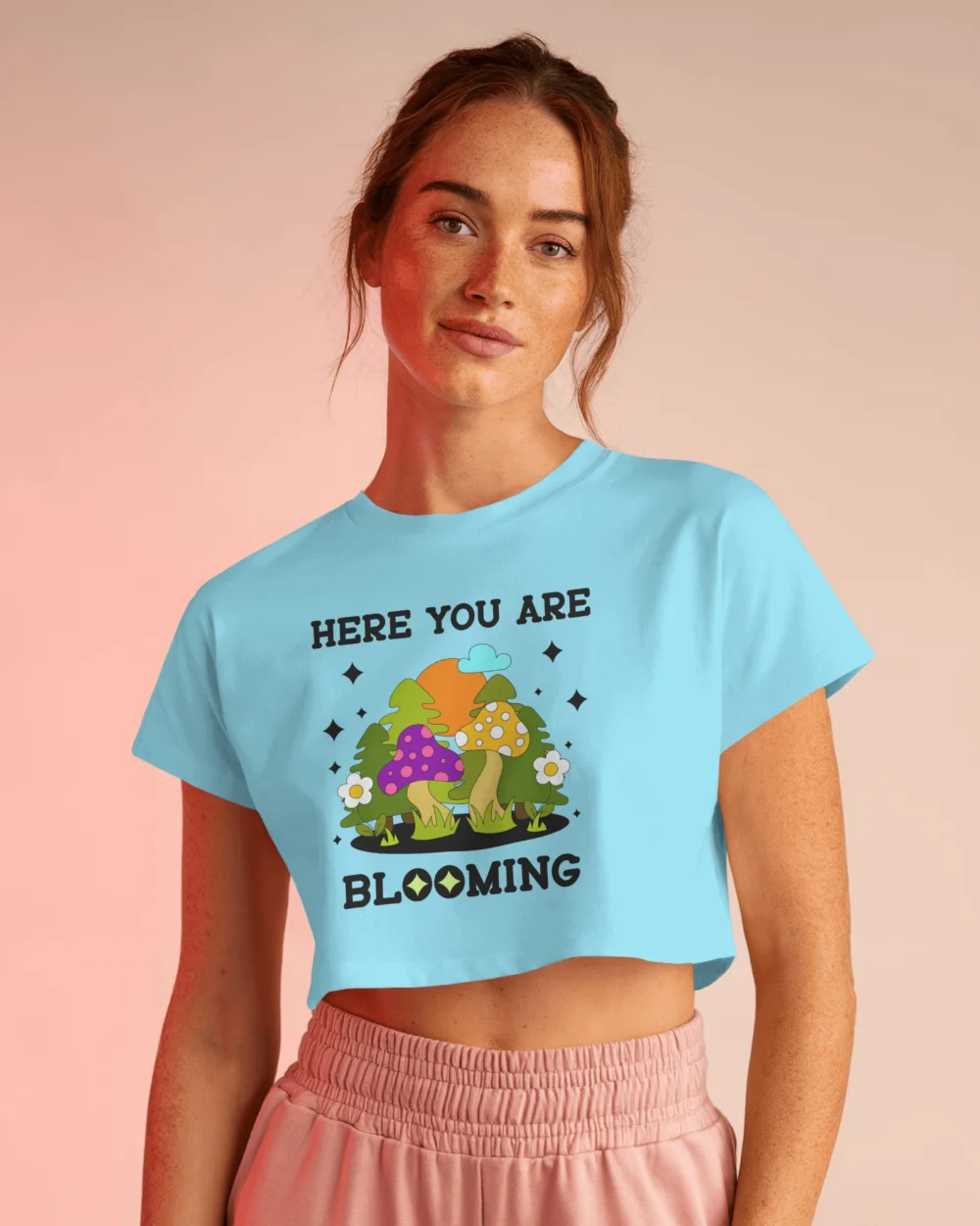 Here You Are Blooming Crop Top | 180 GSM 100% Cotton Trippy Mushroom Graphic Tee – TripTribe® - Image 5