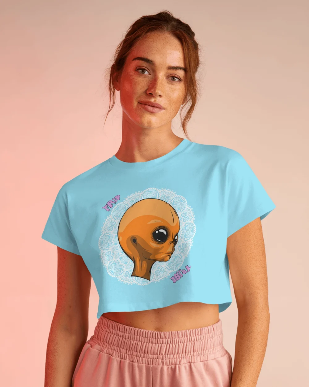 Mandala Alien Crop Top – Trippy Orange Alien Graphic | 100% Cotton 180 GSM | Trip Tribe - Image 9