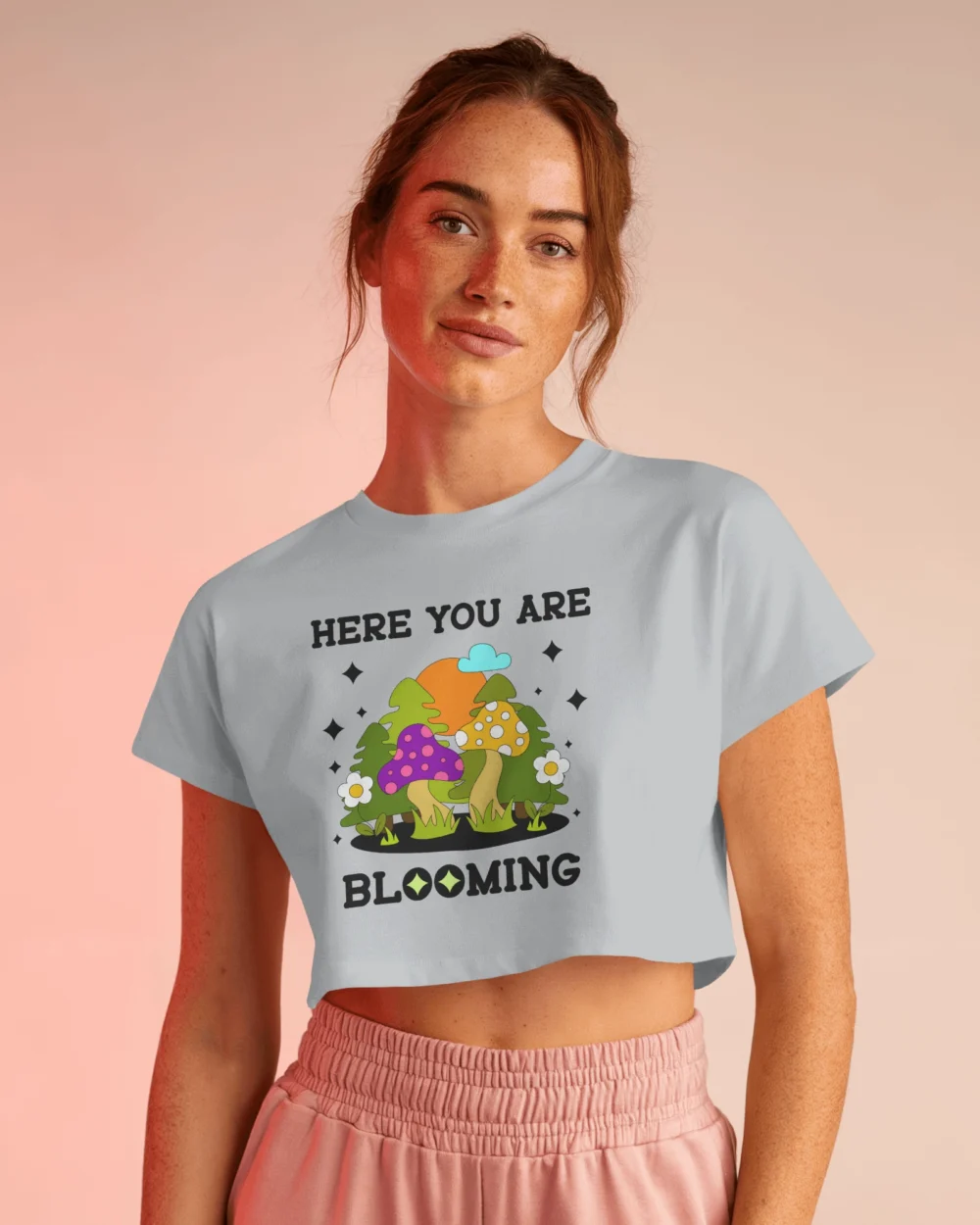 Here You Are Blooming Crop Top | 180 GSM 100% Cotton Trippy Mushroom Graphic Tee – TripTribe® - Image 9