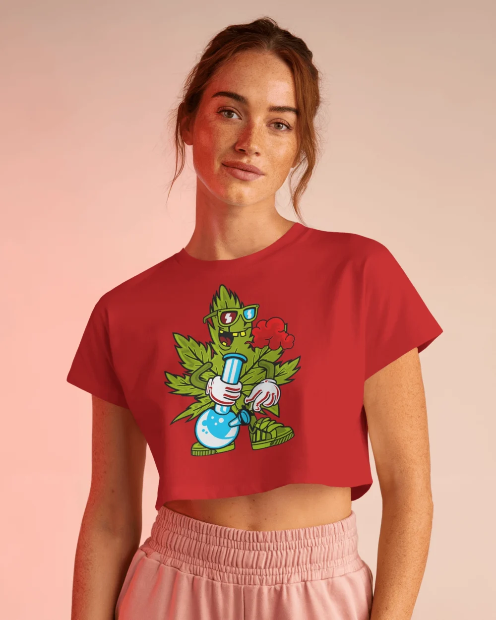 Leaf High Crop Top | Trippy Cartoon Bong Design | 180 GSM 100% Cotton Tee – TripTribe® - Image 9
