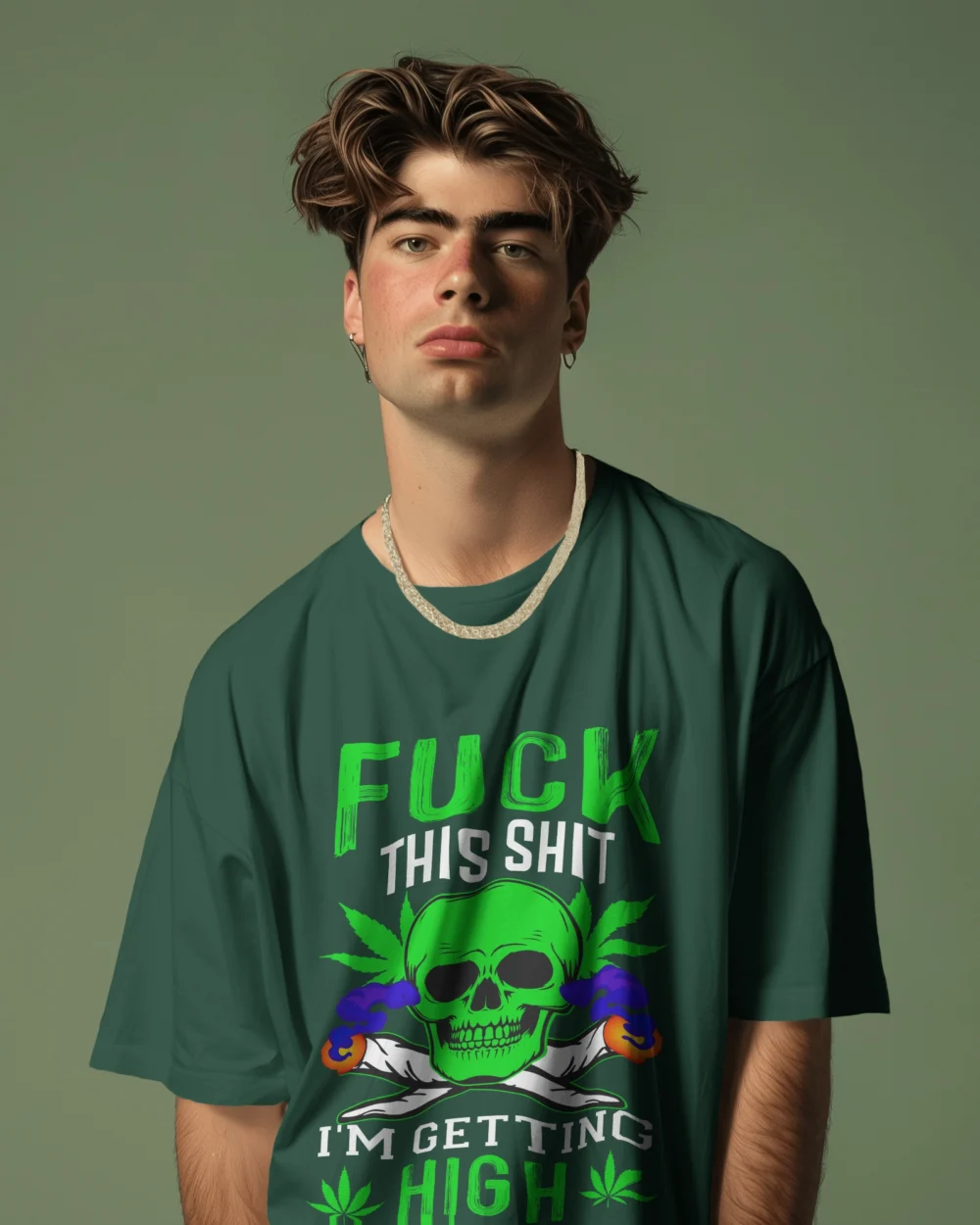 Fck This Shi I’m Getting High Oversized Unisex T-Shirt | 240 GSM Heavyweight Cotton Skull & Joint Weed Graphic Tee – TripTribe® - Image 7