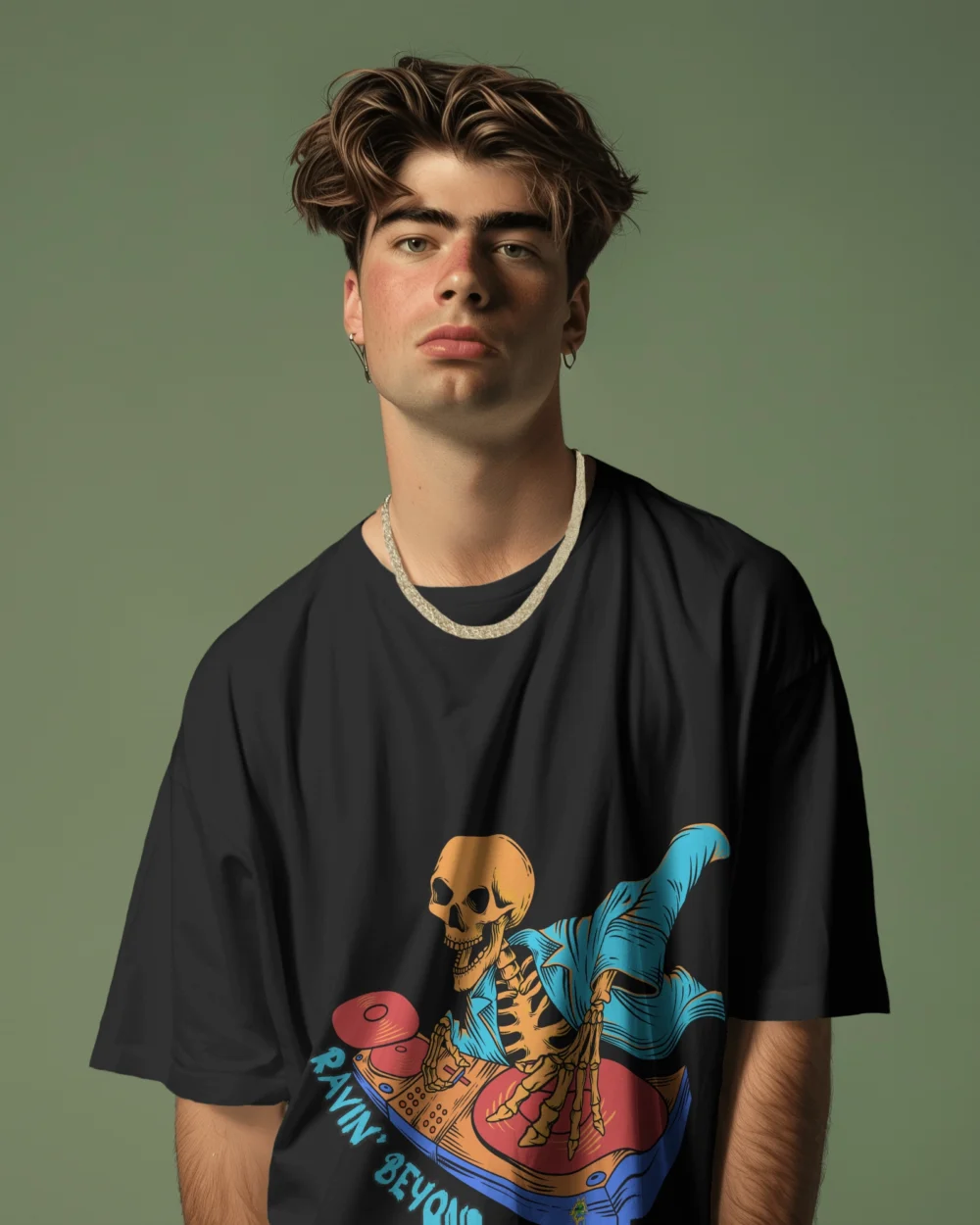 Ravin’ Beyond the Grave Skeleton DJ | Unisex 240 GSM Heavyweight Oversized Tee - Image 6