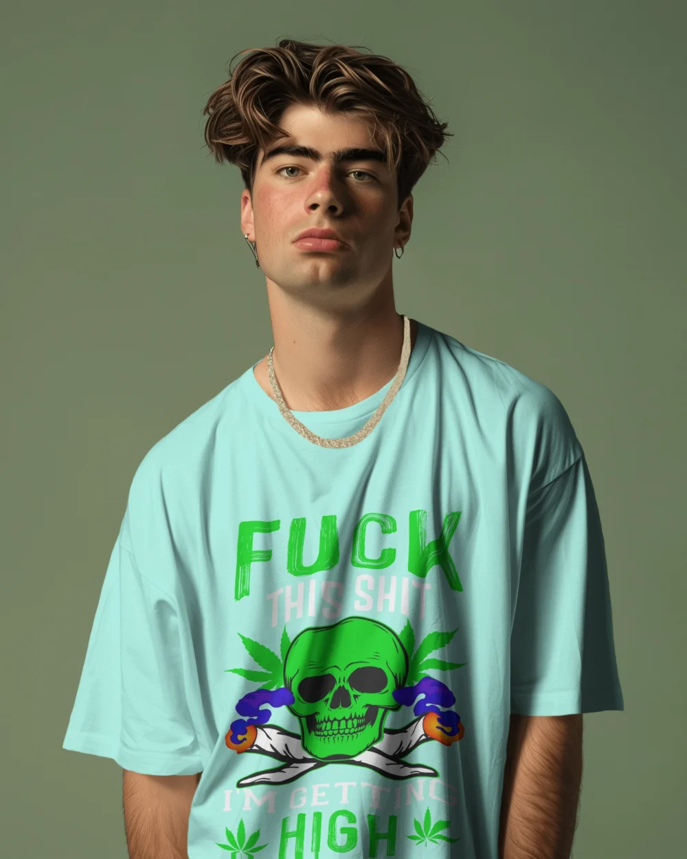 Fck This Shi I’m Getting High Oversized Unisex T-Shirt | 240 GSM Heavyweight Cotton Skull & Joint Weed Graphic Tee – TripTribe® - Image 13